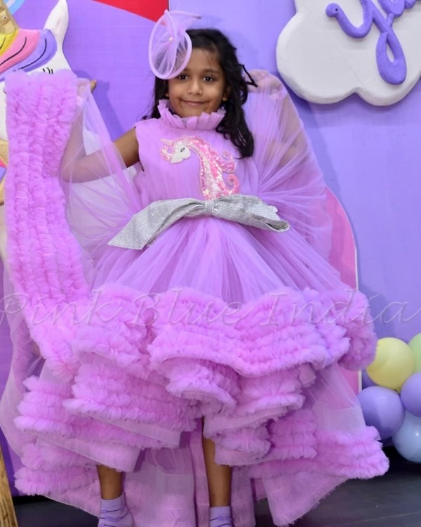 Unicorn high low ruffled gown for baby girl birthday party colorful theme outfit
