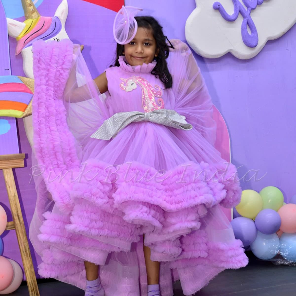 Unicorn high low ruffled gown for baby girl birthday party colorful theme outfit