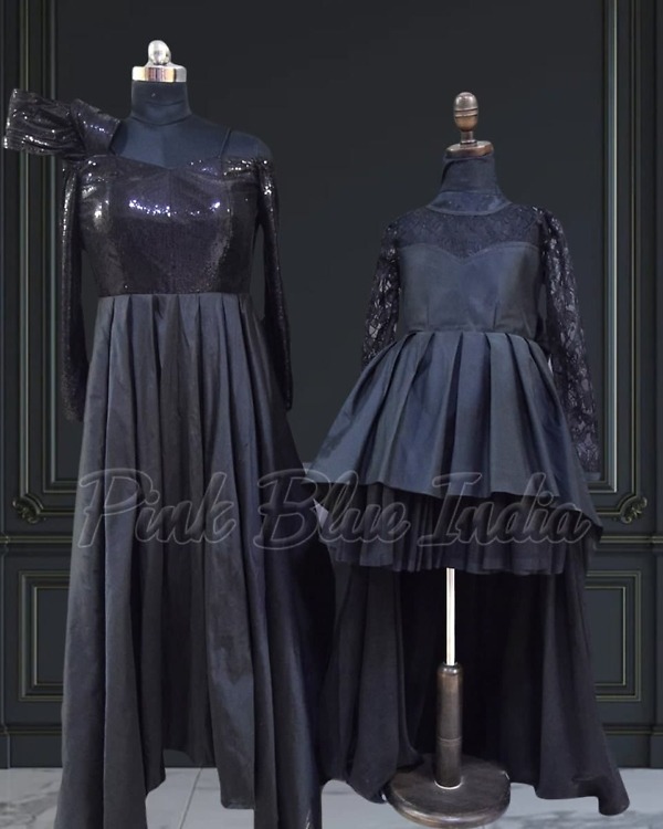 Black family matching outfits for wedding, coordinated festive wear, elegant stylish look