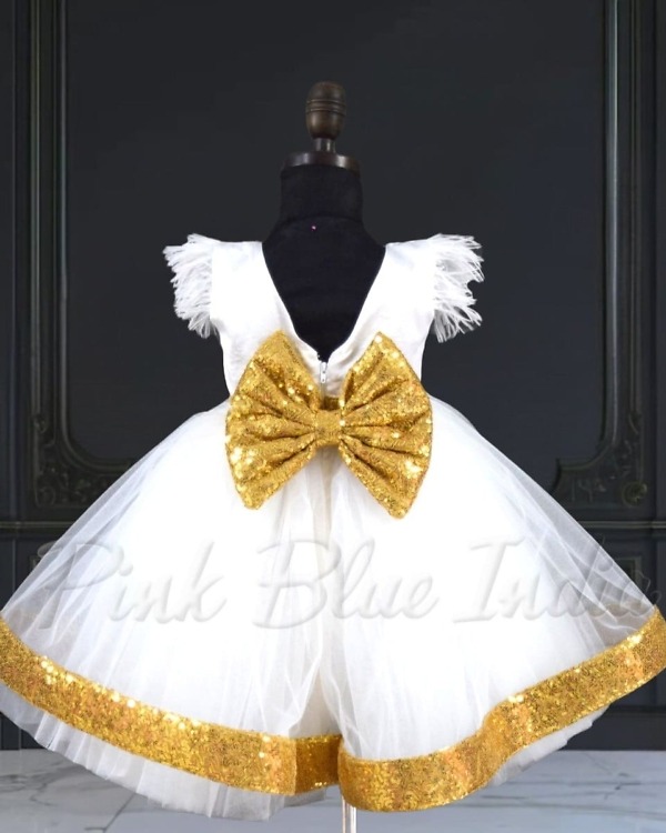 Feather detail white gown for baby girl, birthday celebration wear, stylish look