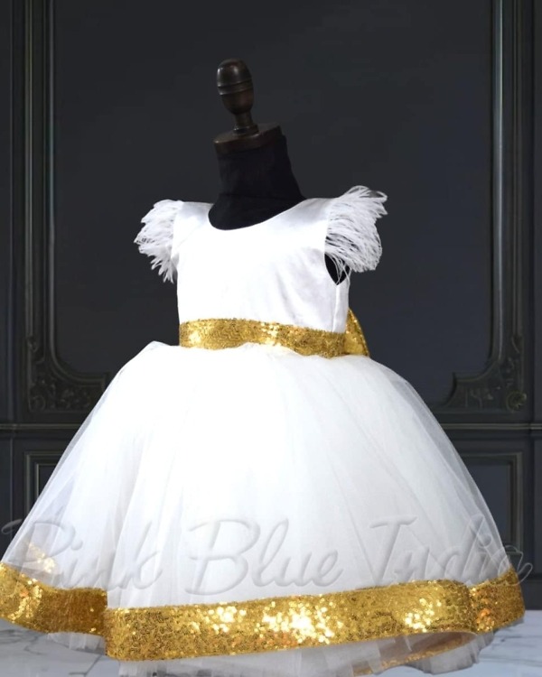 Designer white feather dress for baby girl, birthday party wear, elegant outfit