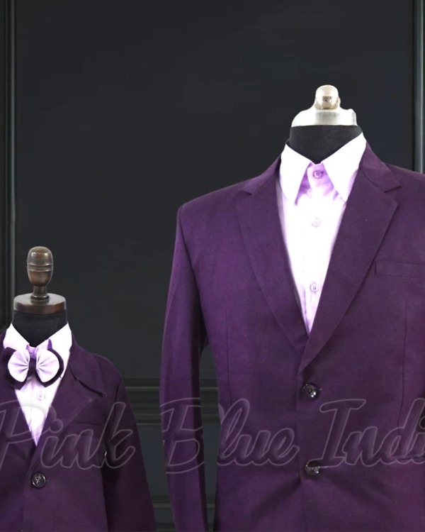 Matching purple suits for father son, wedding party wear, stylish coordinated look