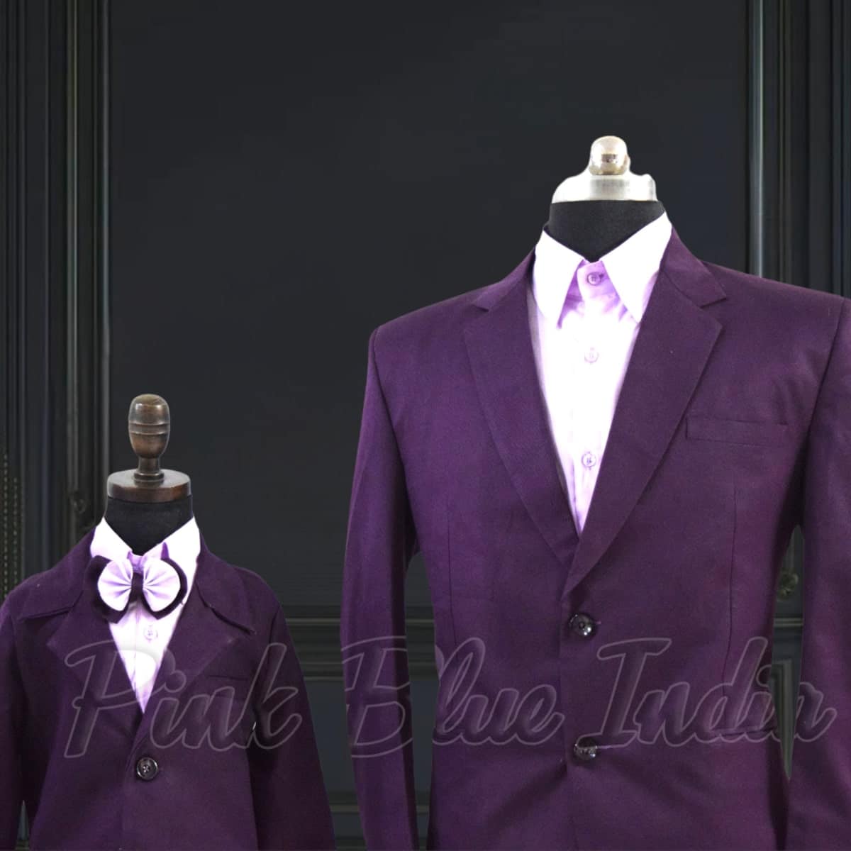 Matching purple suits for father son, wedding party wear, stylish coordinated look