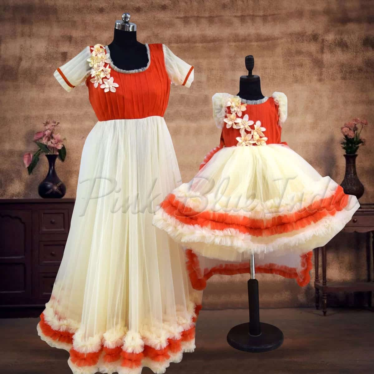 Mother daughter flower print coordinated dress party wear stylish twinning outfit