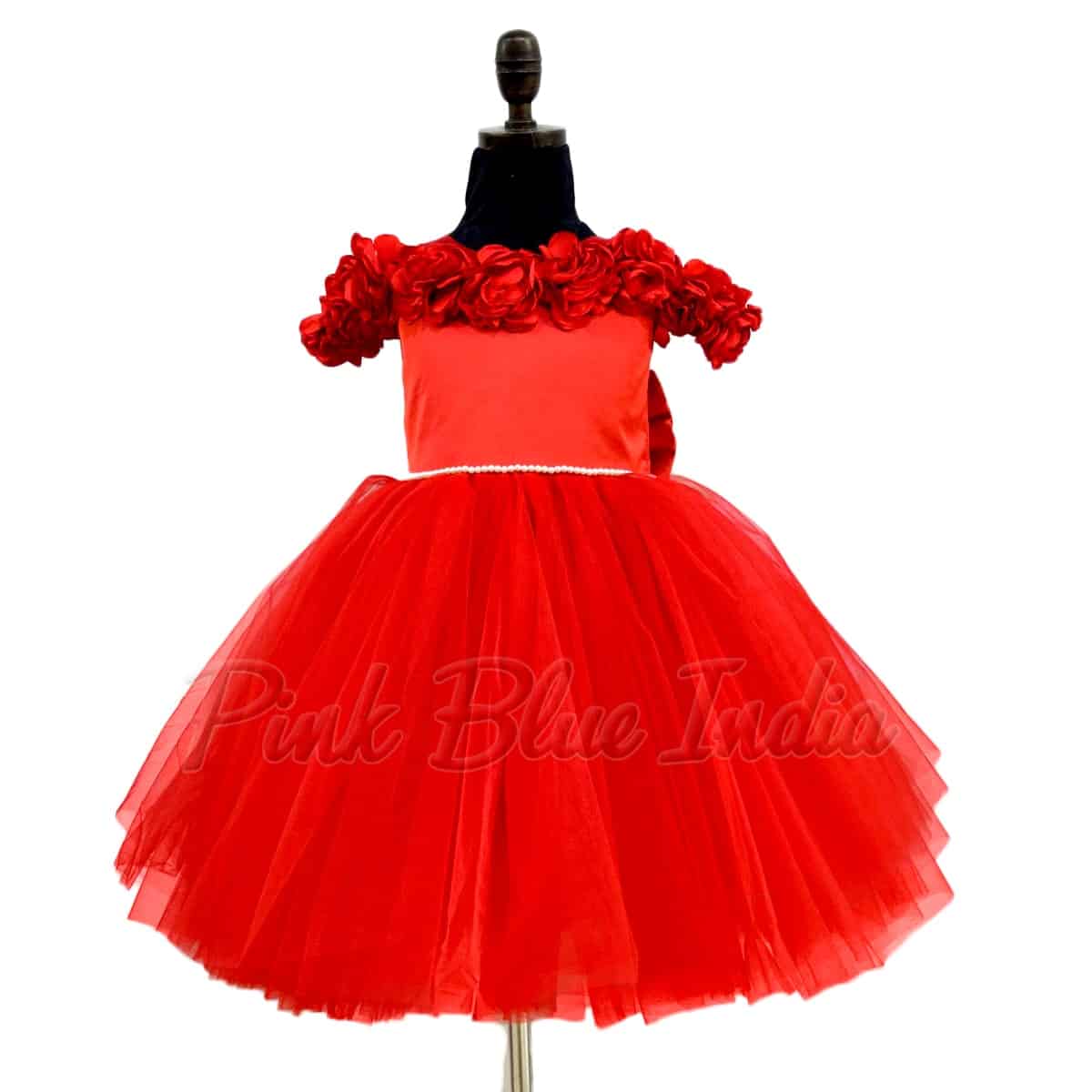 Designer red rosette dress for girls wedding birthday celebration stylish gown