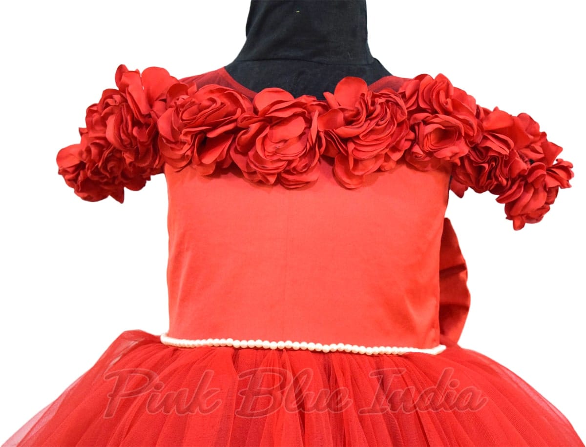 Elegant red rosette gown for girls birthday party princess style outfit