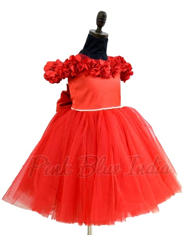 Stylish red rosette party gown for girls birthday special occasion elegant outfit