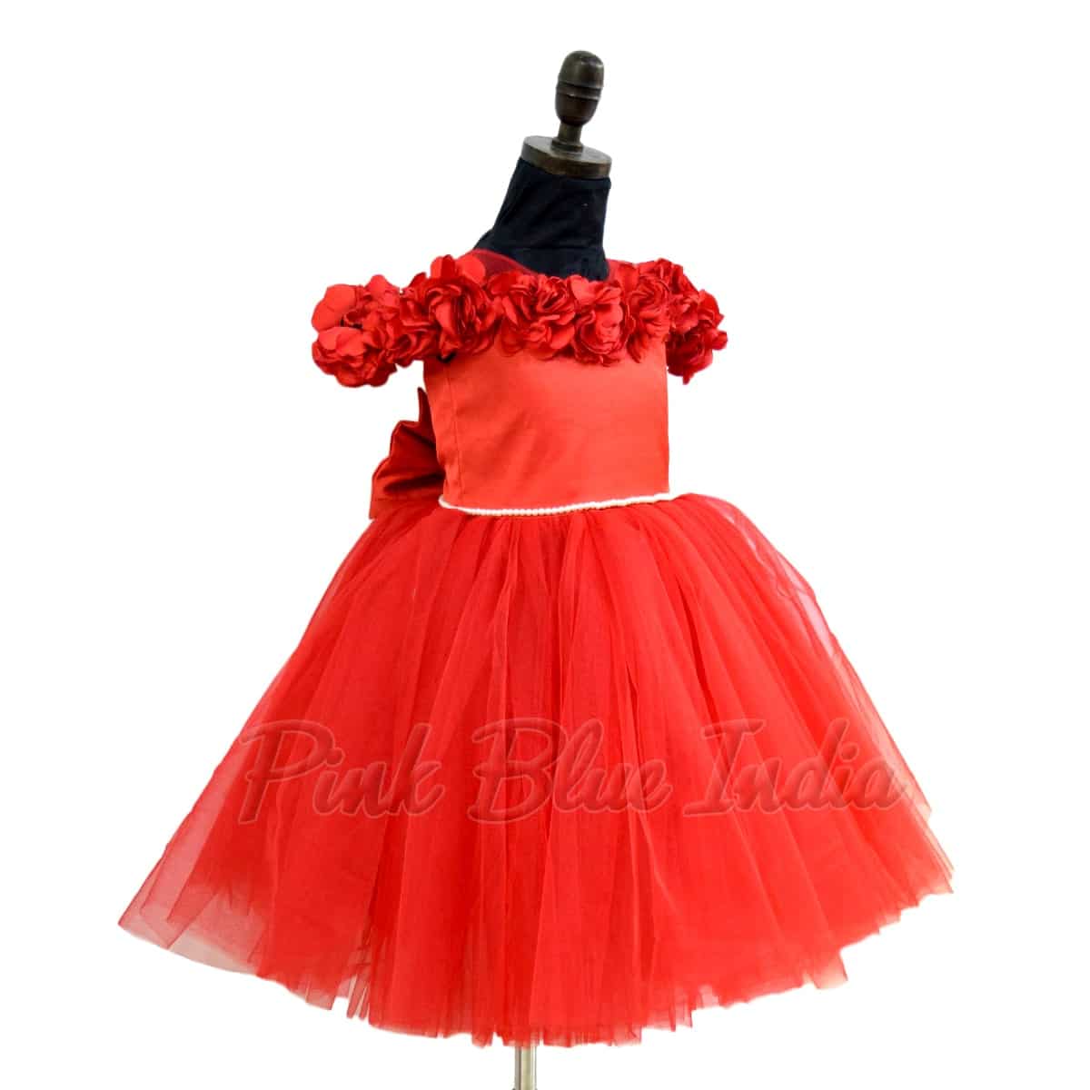 Stylish red rosette party gown for girls birthday special occasion elegant outfit