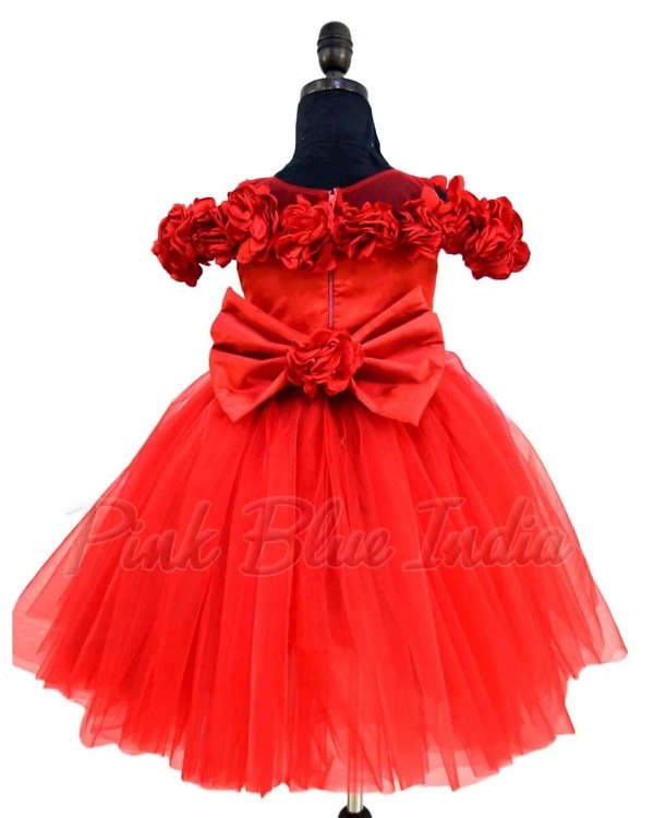 Red rosette gown for girls party wear birthday celebration stylish elegant dress