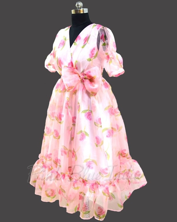 Floral printed organza gown for girls elegant pink party wear dress