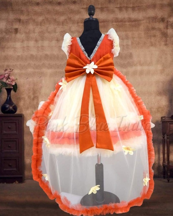 Girls orange gown with long train kids birthday party wear stylish designer outfit