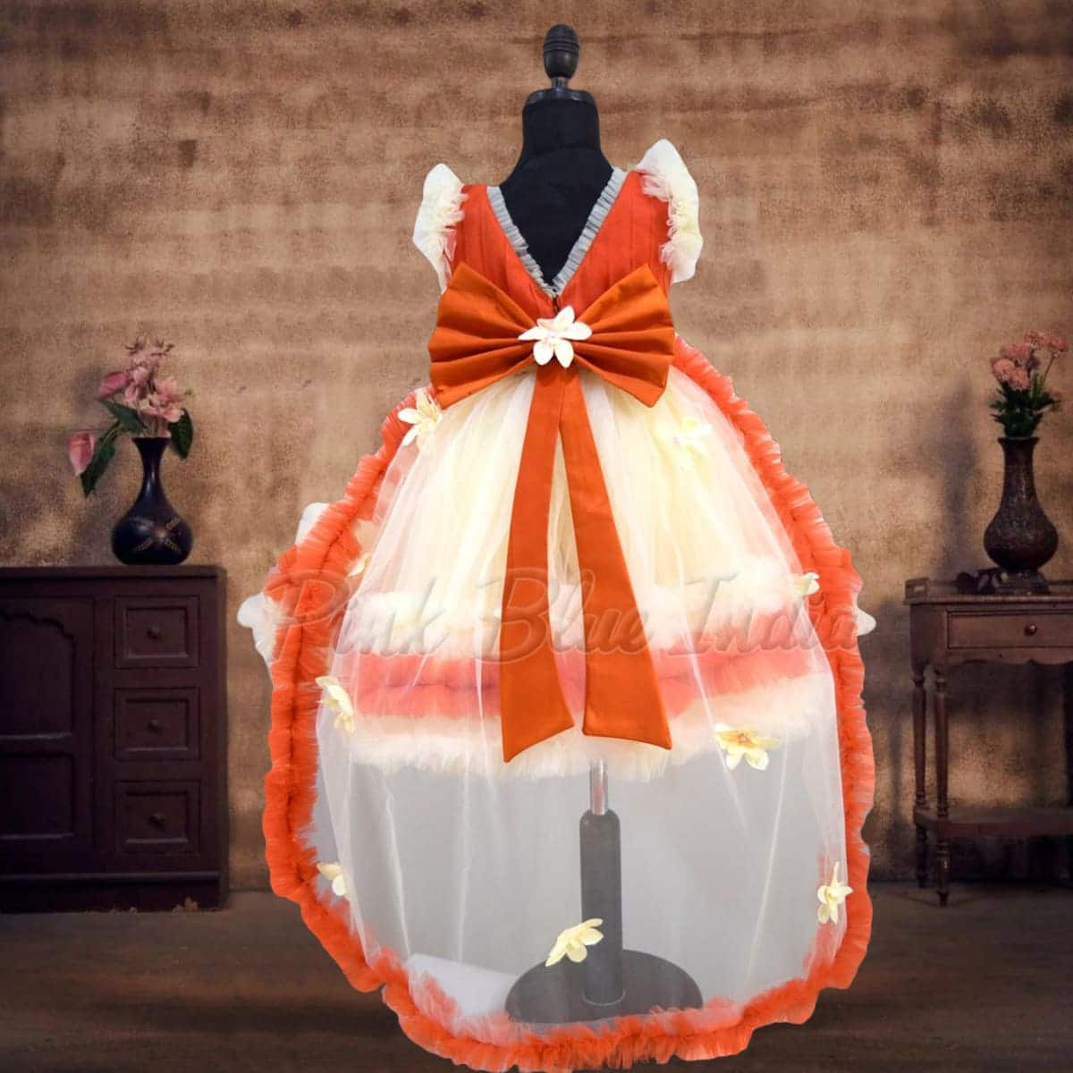 Girls orange gown with long train kids birthday party wear stylish designer outfit