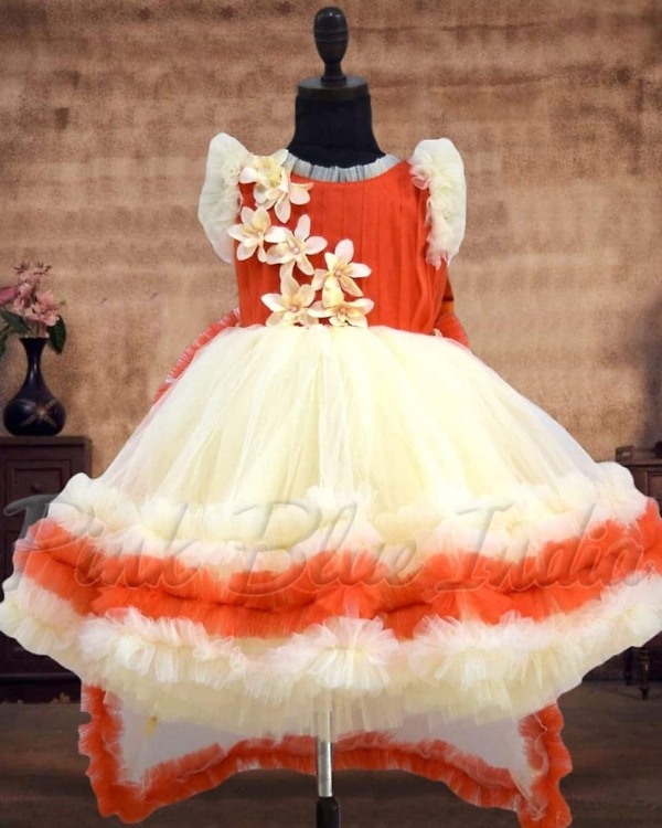 Kids orange trail gown for girls festive wedding party wear elegant stylish look