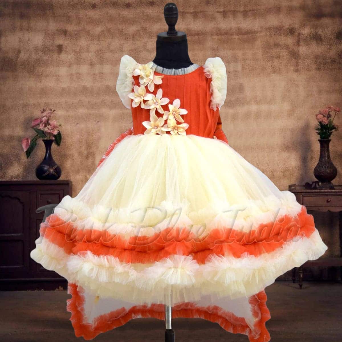 Kids orange trail gown for girls festive wedding party wear elegant stylish look