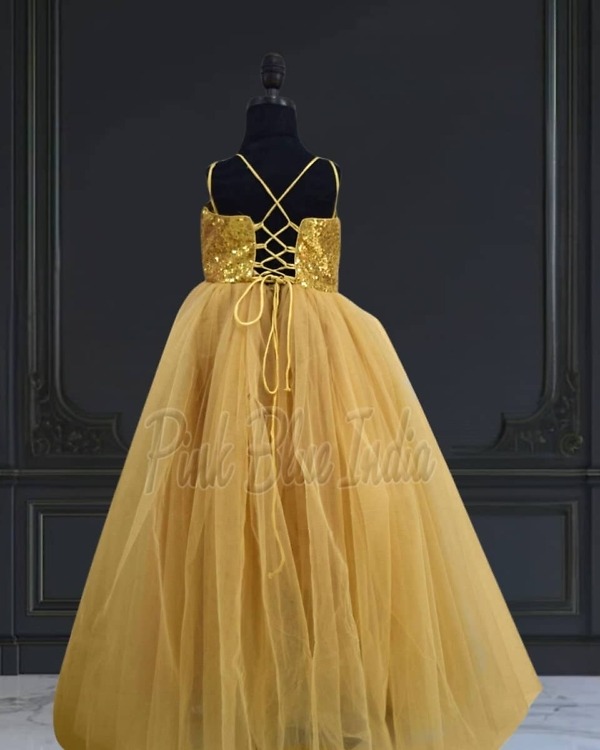 Golden party dress for girls with cross back, elegant birthday outfit