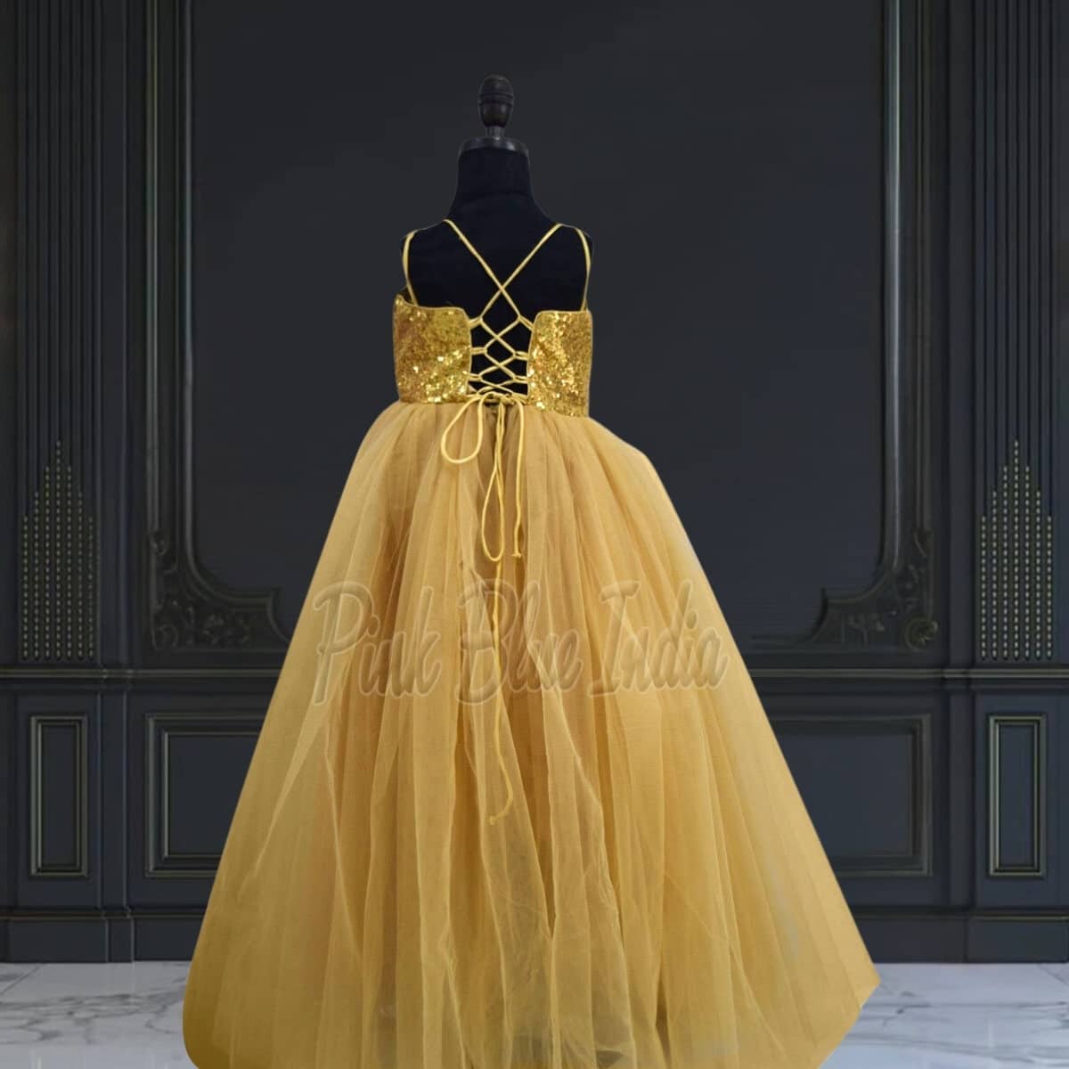 Golden party dress for girls with cross back, elegant birthday outfit