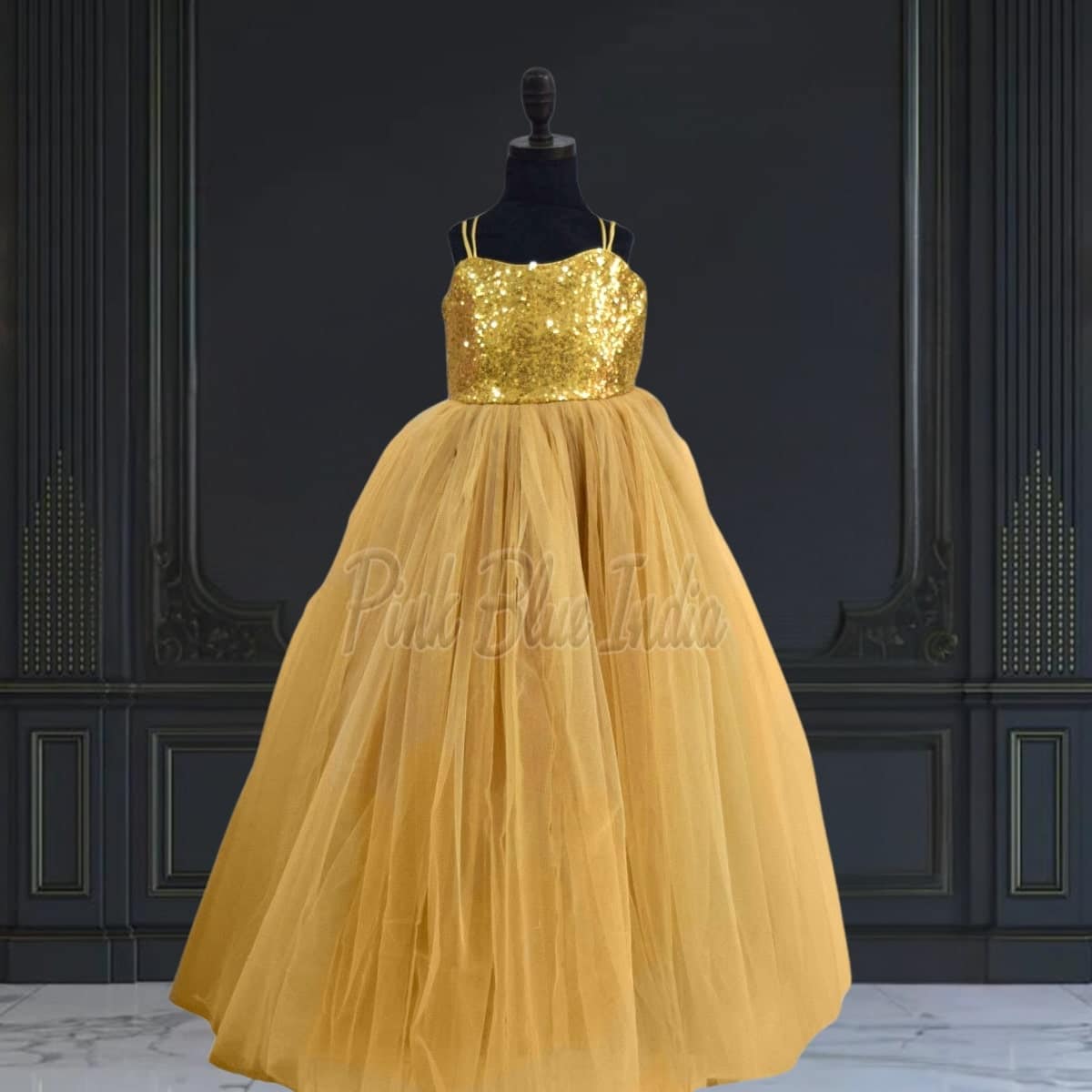 Golden stylish girls dress, trendy birthday party wear outfit
