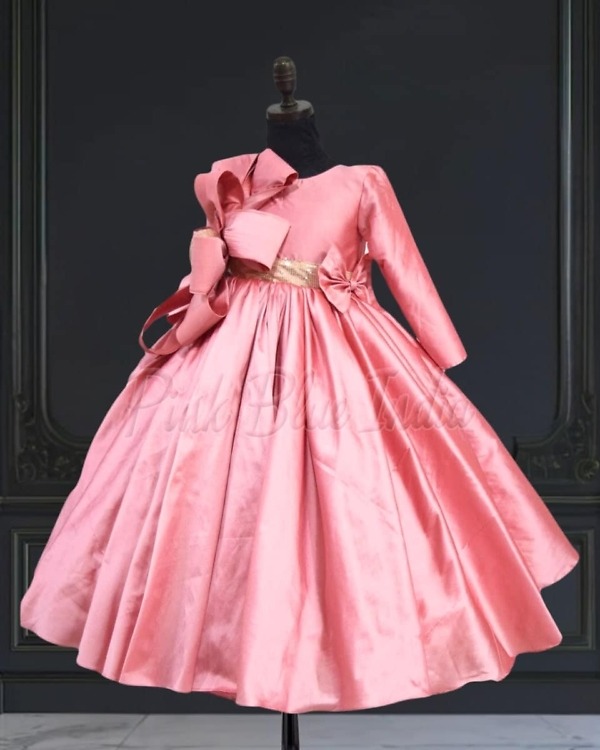 Peach pink birthday gown for girls, stylish party wear with bow detail