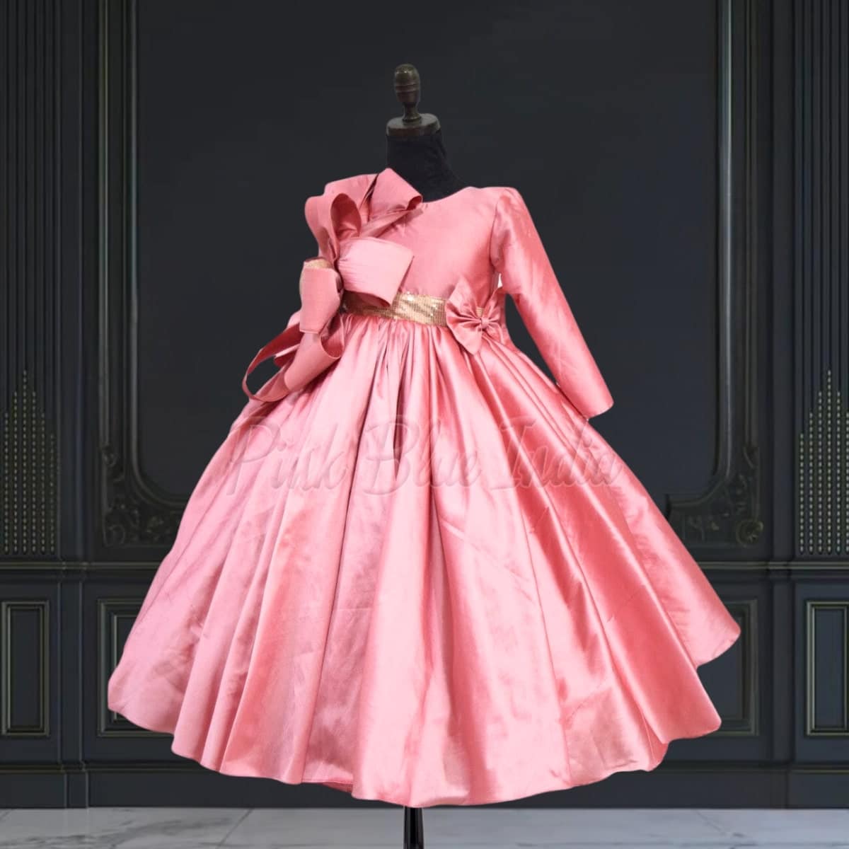 Peach pink birthday gown for girls, stylish party wear with bow detail