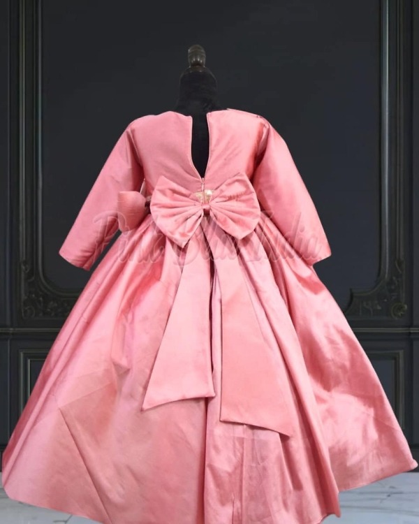 Peach birthday gown for girls, cute party wear dress with bow accent