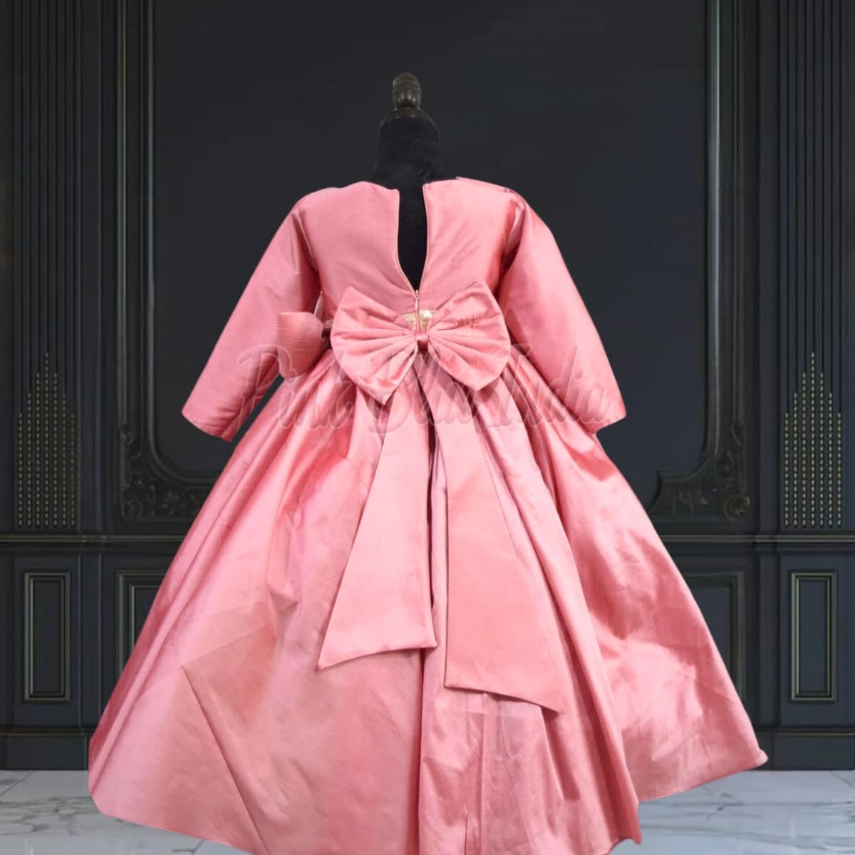 Peach birthday gown for girls, cute party wear dress with bow accent
