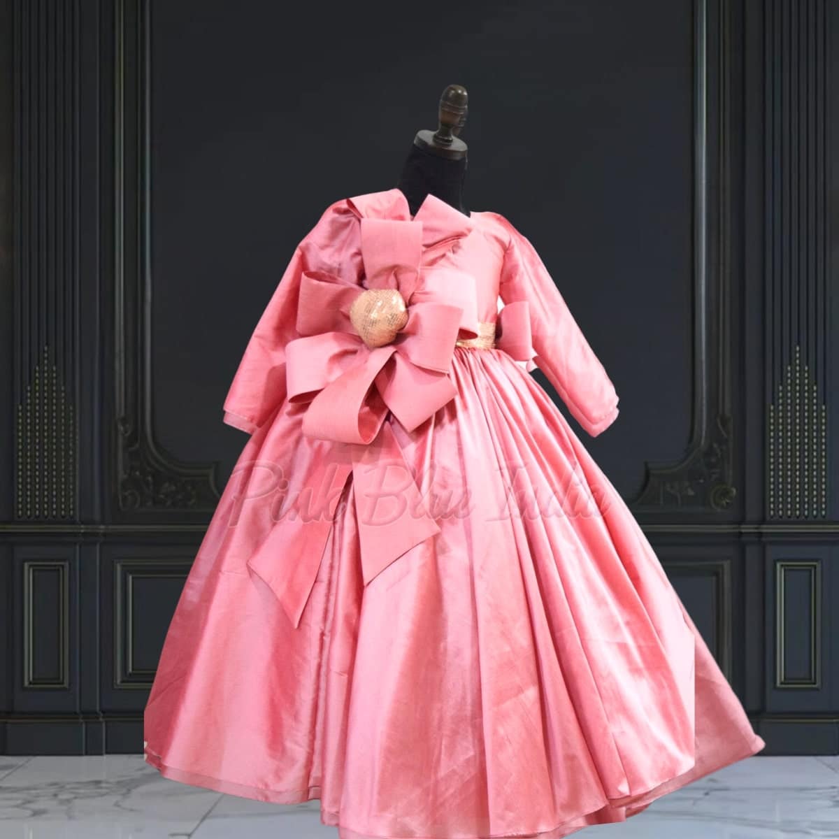 Peach pink girls gown dress, stylish birthday party outfit with bow