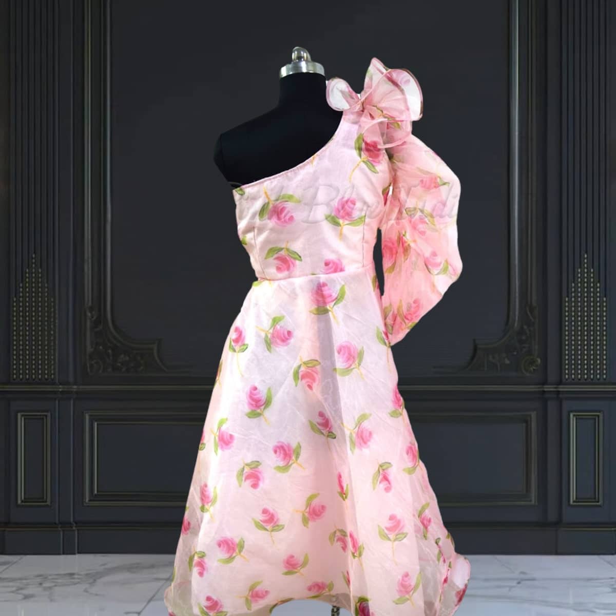 Floral pink one shoulder dress for baby girl, elegant birthday wear, stylish gift idea