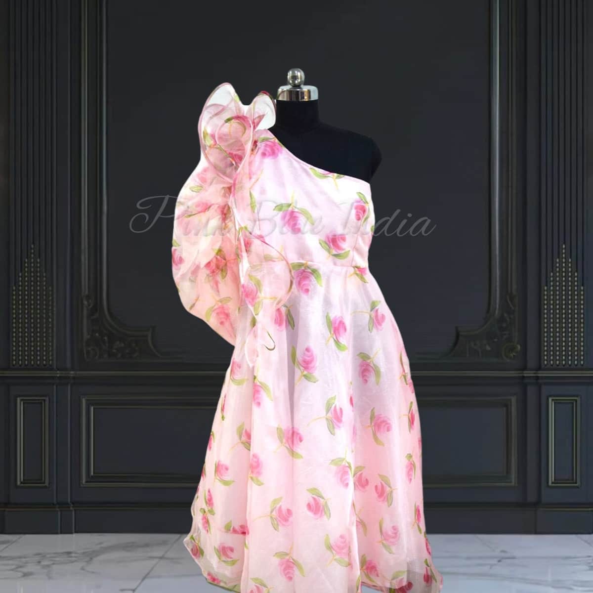 One shoulder floral dress for baby girl, party wear outfit, cute stylish birthday look