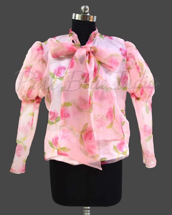 Floral shirt style organza top for girls elegant pink party wear