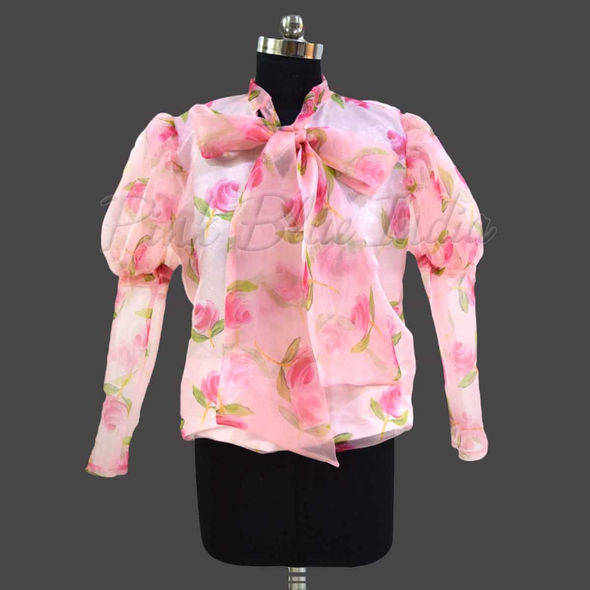 Floral shirt style organza top for girls elegant pink party wear