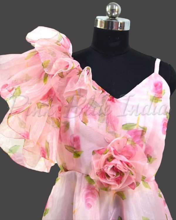 Floral ruffle gown dress for girls elegant pink party wear outfit