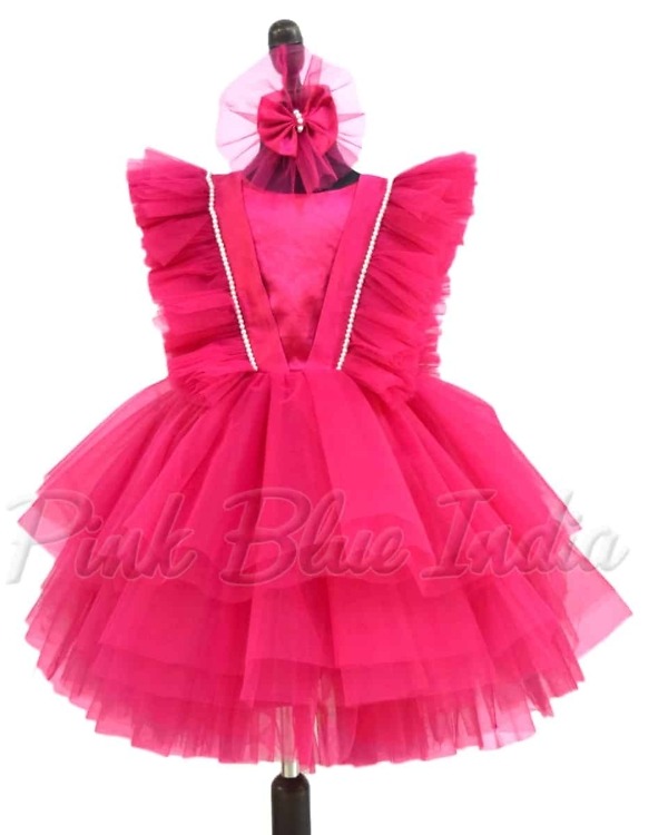 Stylish pink knee length party frock for girls birthday celebration soft net dress