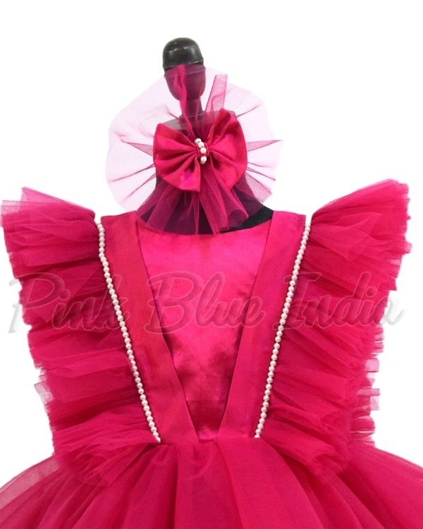 Girls pink net frock knee length for birthday function elegant party wear dress