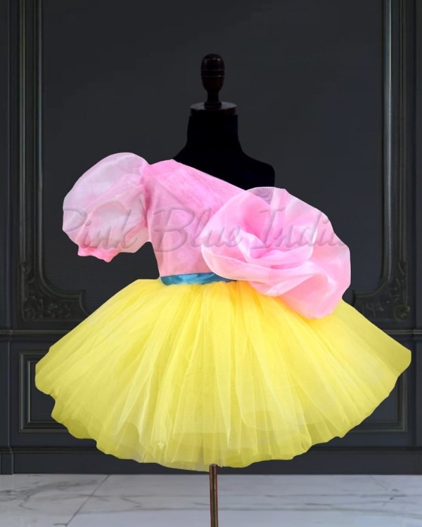 Girls Yellow Pink Frock Dress Knee Length Party Wear Outfit
