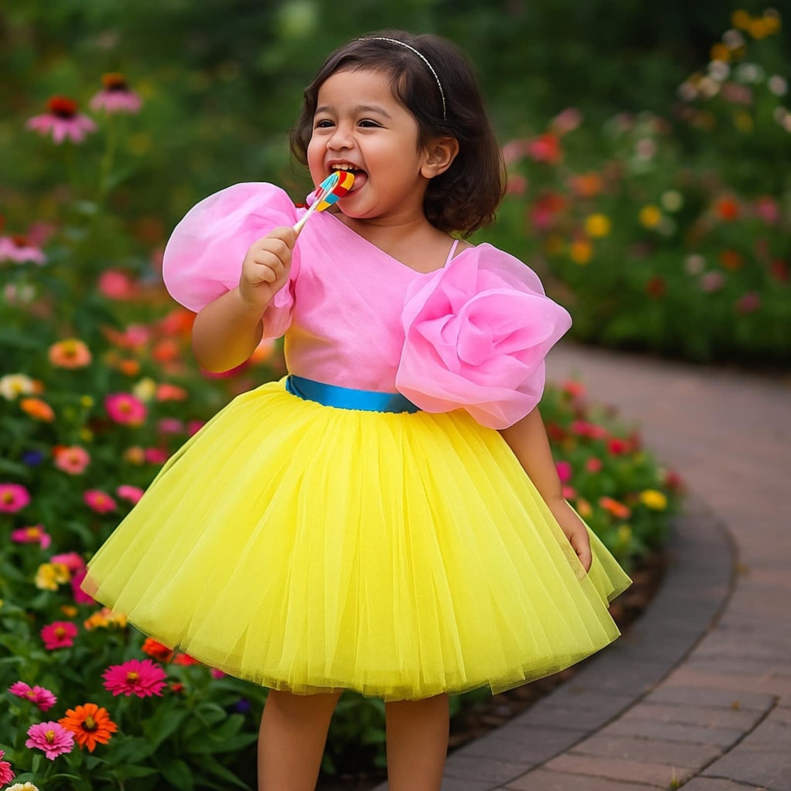 Baby Girl Yellow Pink Frock Dress Party Wear Pink Blue India front view
