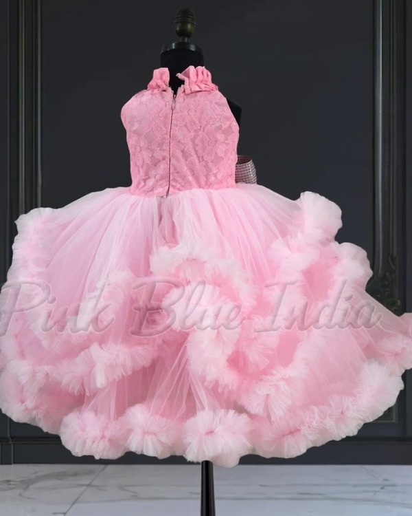 High neck pink party gown for baby girl, birthday celebration wear, stylish look