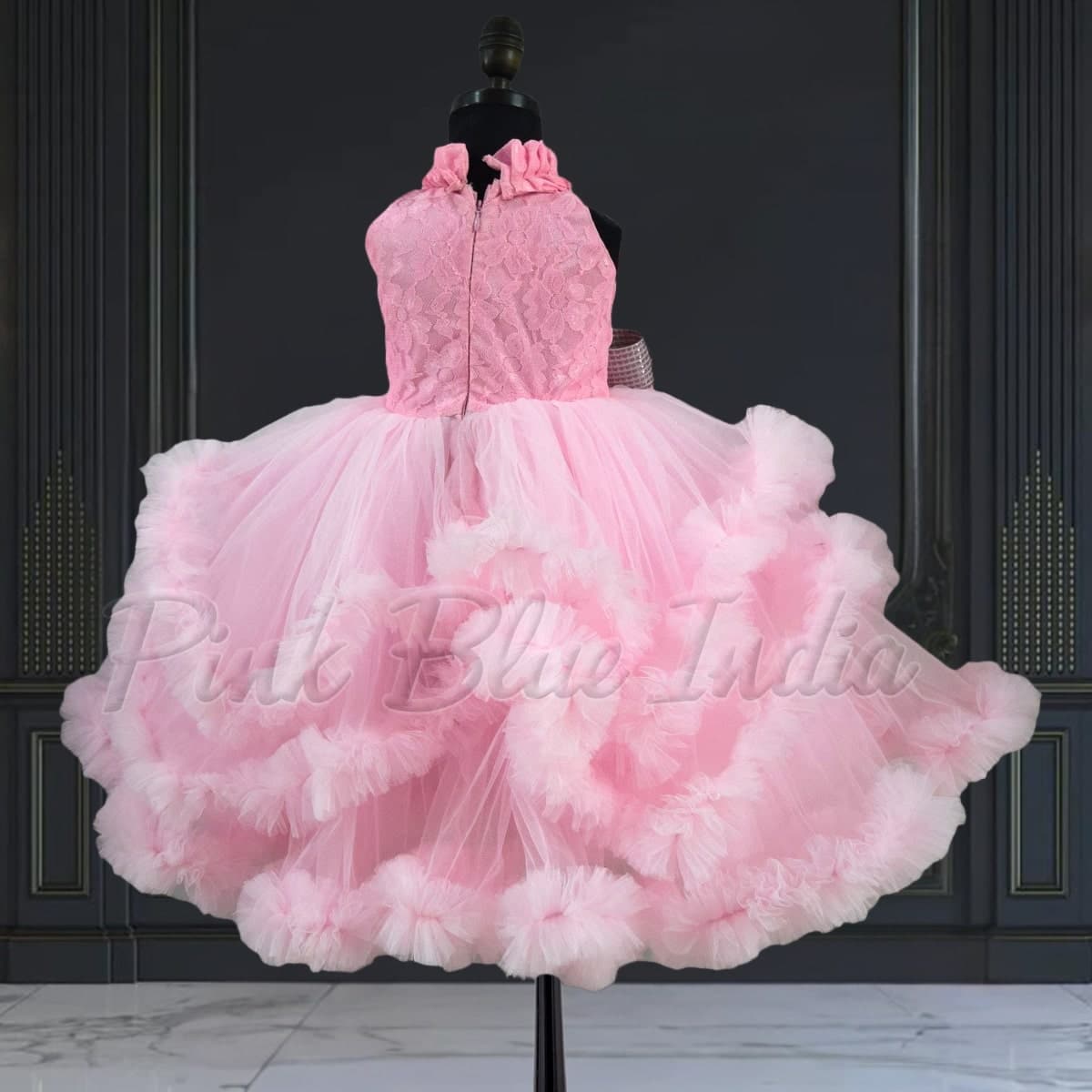 High neck pink party gown for baby girl, birthday celebration wear, stylish look