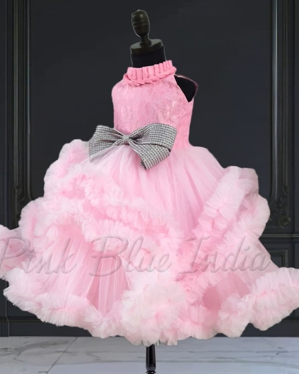 Designer high neck pink gown for baby girl, birthday outfit, elegant stylish wear