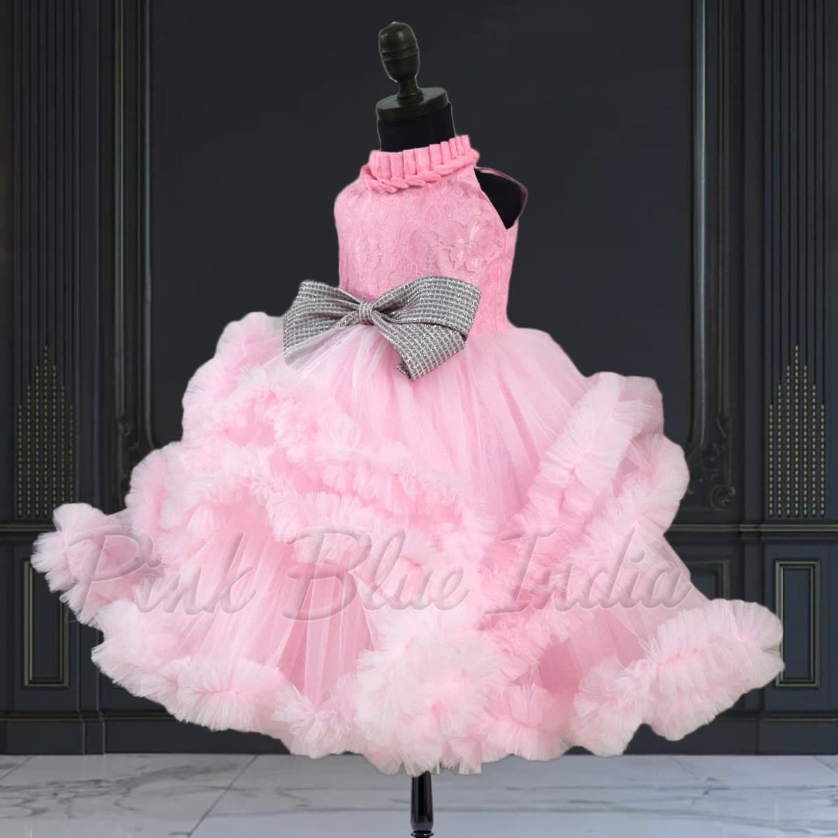Designer high neck pink gown for baby girl, birthday outfit, elegant stylish wear