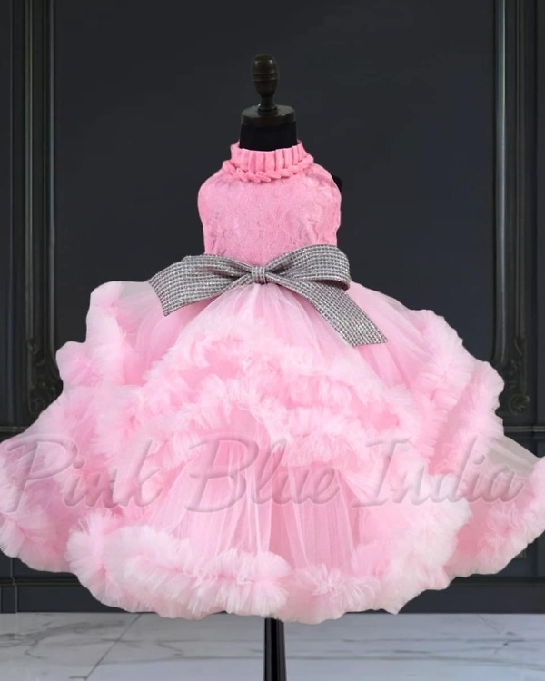 Elegant pink high neck gown for baby girl, birthday party wear, stylish outfit