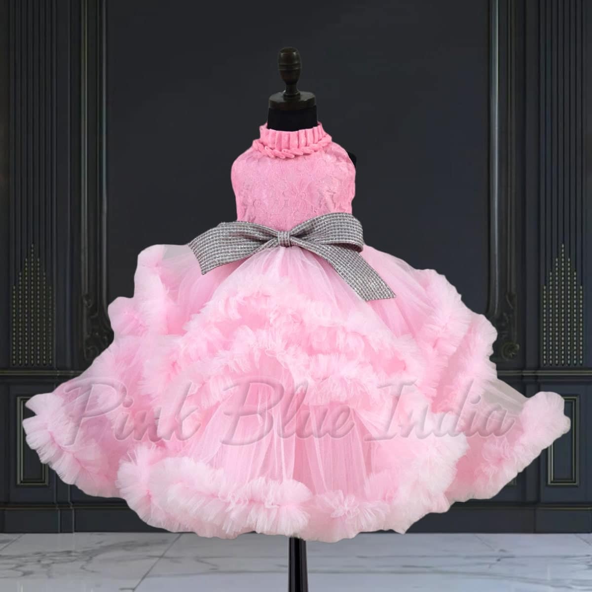Elegant pink high neck gown for baby girl, birthday party wear, stylish outfit