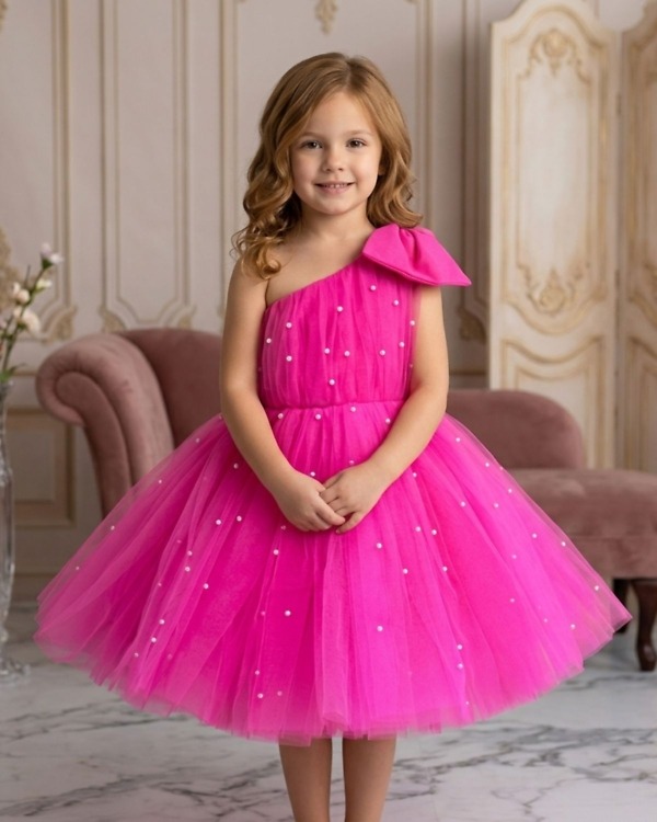Hot pink girls dress frock, stylish birthday party outfit for kids