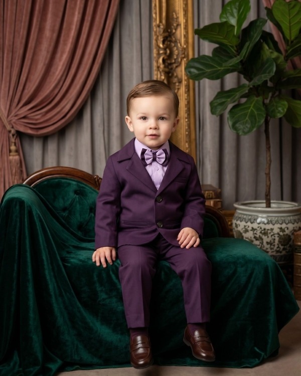 Kids boy purple aubergine double button blazer suit with bow tie for wedding formal party gift