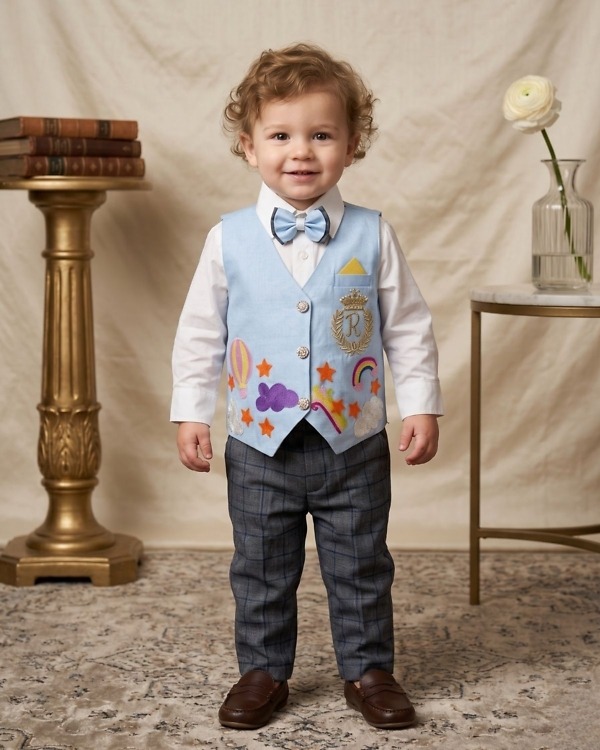 Kids boy sky blue printed waistcoat with bow tie for first birthday party formal celebration gift