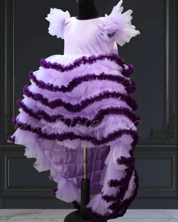 Lavender trail gown for girls, elegant birthday celebration wear