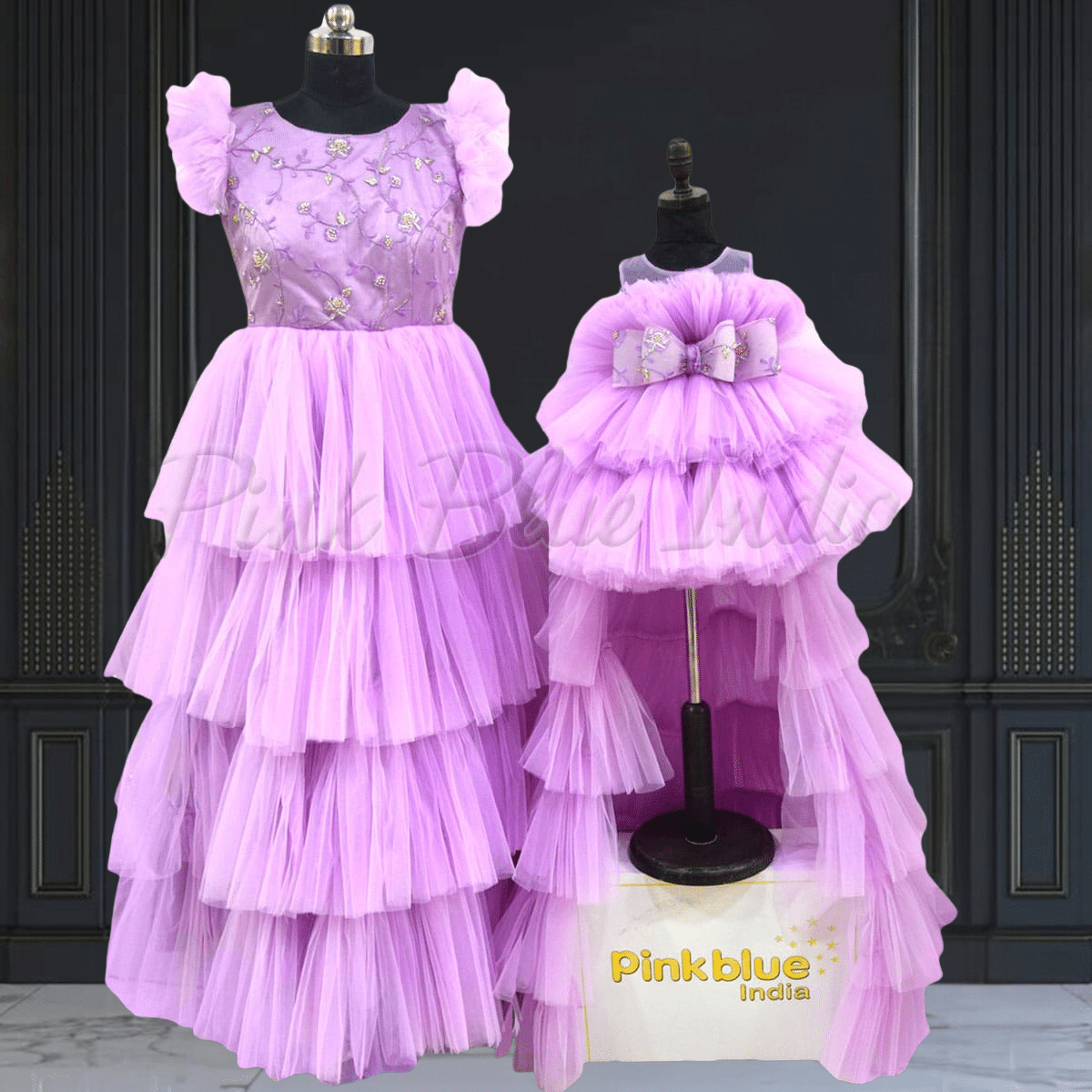 Lavender mother daughter matching gown set for occasions by Pink Blue India