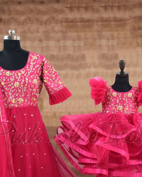 Mom daughter magenta coordinated dress wedding party wear elegant stylish outfit