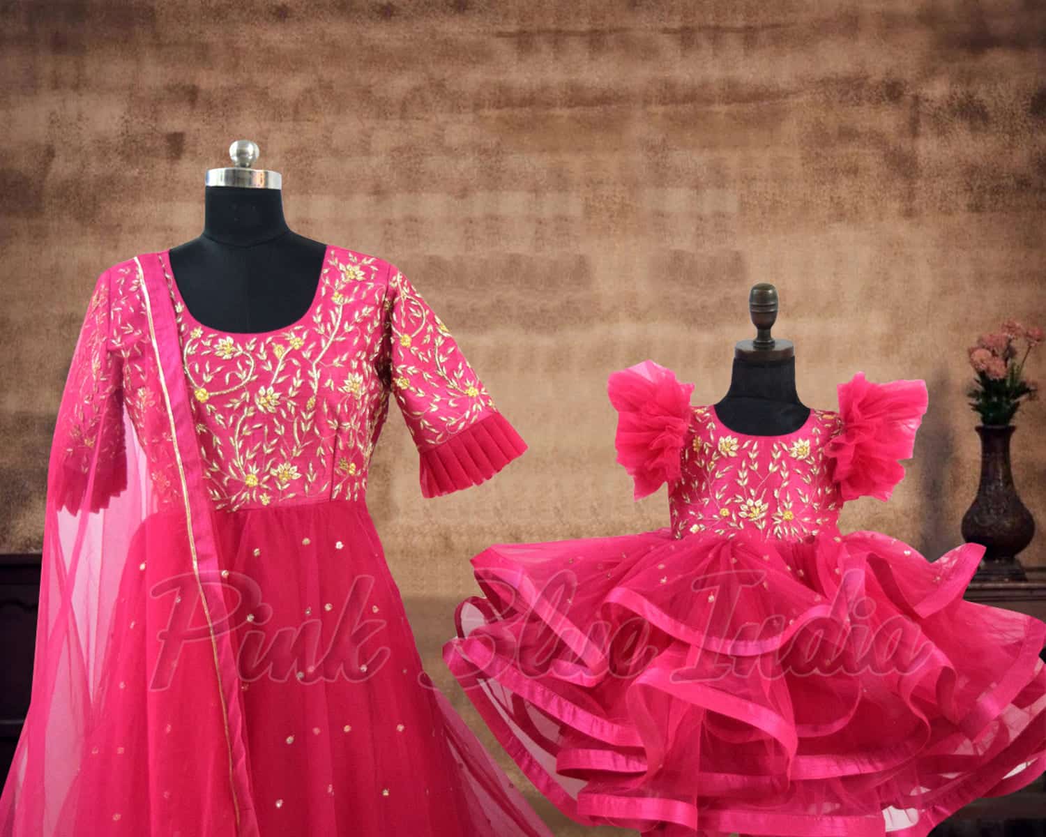 Mom daughter magenta coordinated dress wedding party wear elegant stylish outfit