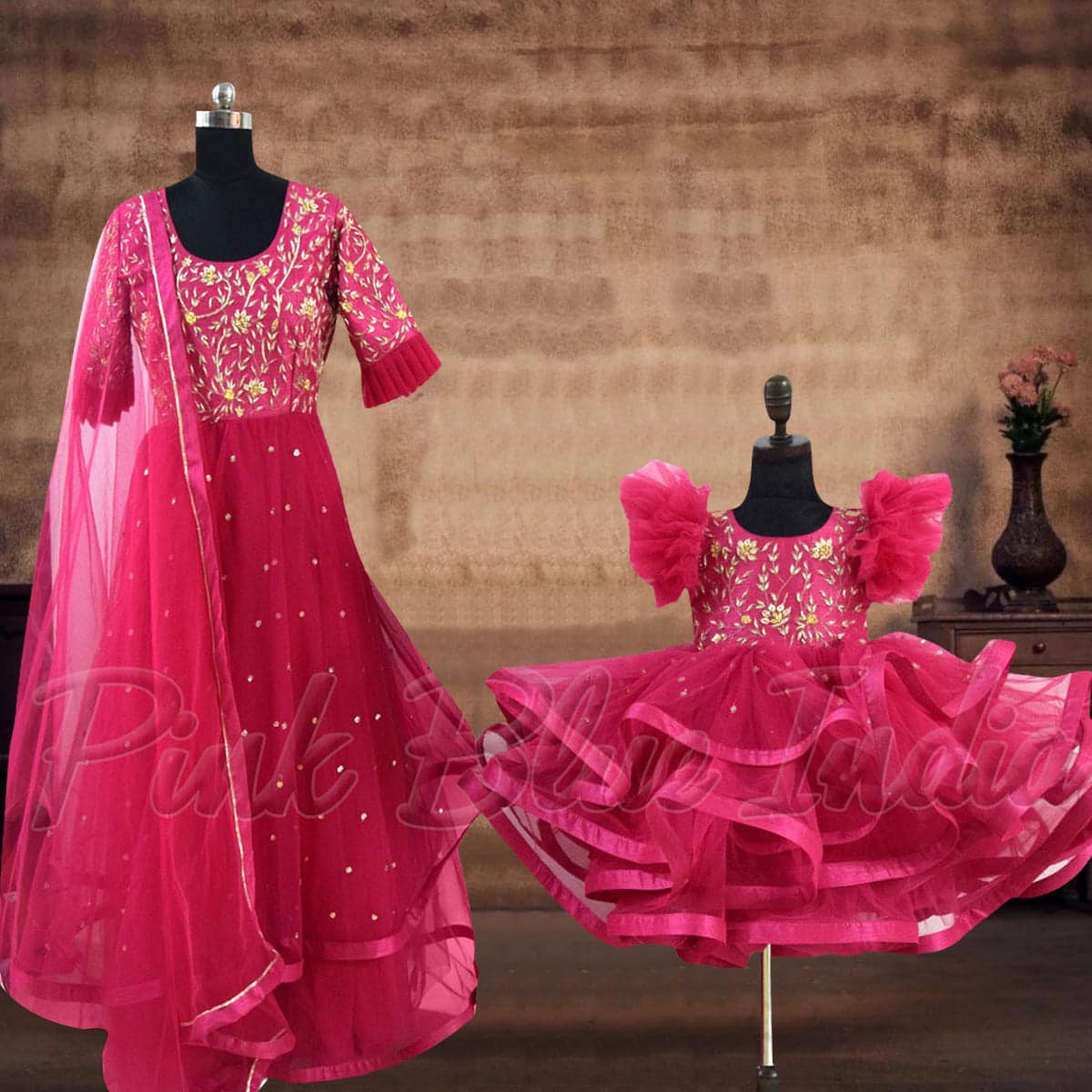 Mother daughter magenta matching outfits wedding party wear stylish family look