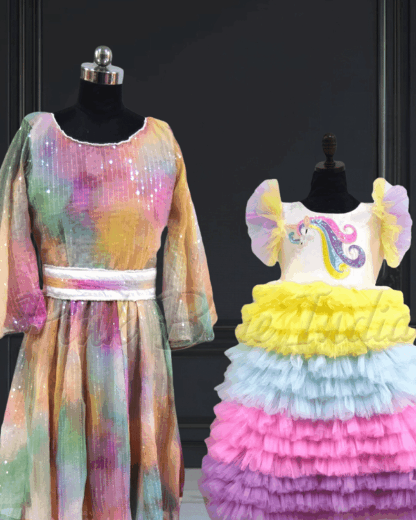 Mother daughter customised unicorn theme matching dress by Pink Blue India
